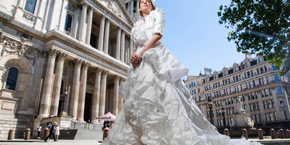 Wedding dress made of face-masks