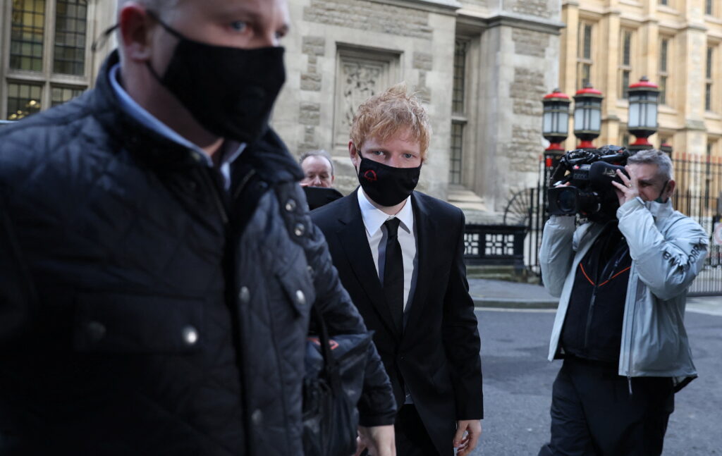 Musician Ed Sheeran arrives at the Rolls Building for a copyright trial over his song 'Shape Of You', in London