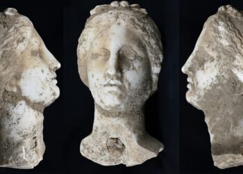 Ancient white marble head, possibly from the Augustan era discovered in Rome, Italy
