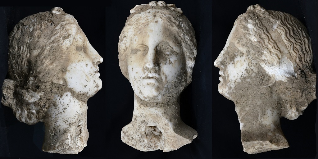 Ancient white marble head, possibly of Aphrodite discovered in Rome, Italy