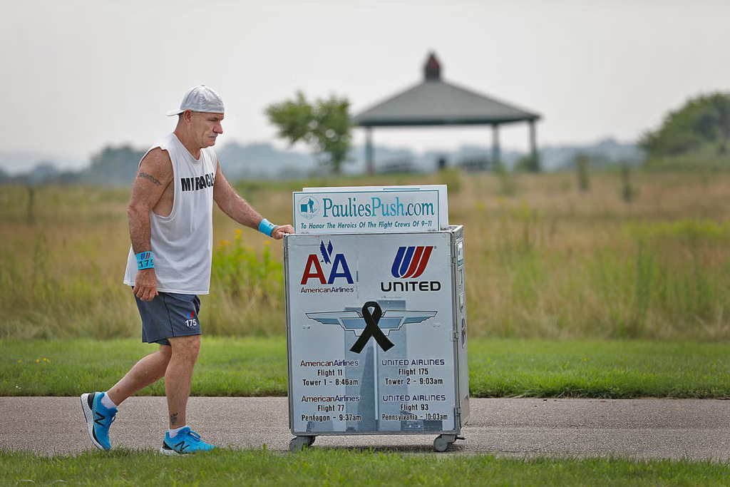 Former flight attendant pushing beverage cart from Boston to NYC in 9/11 Tribute