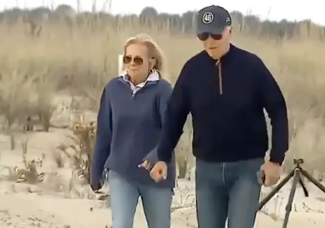 Watch: Biden struggles to walk on sandy Delaware Beach; First Lady Jill offers support