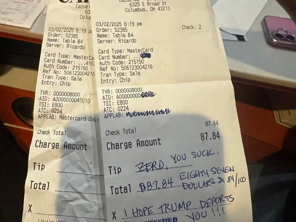 Waiter in Ohio receives overwhelming support after customer leaves ‘hope Trump deports you’ note