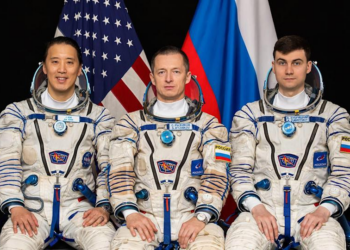 Roscosmos cosmonauts Sergey Ryzhikov, Alexey Zubritskiy and US NASA astronaut Jonathan Yong "Jonny" Kim. Photograph: (AFP)