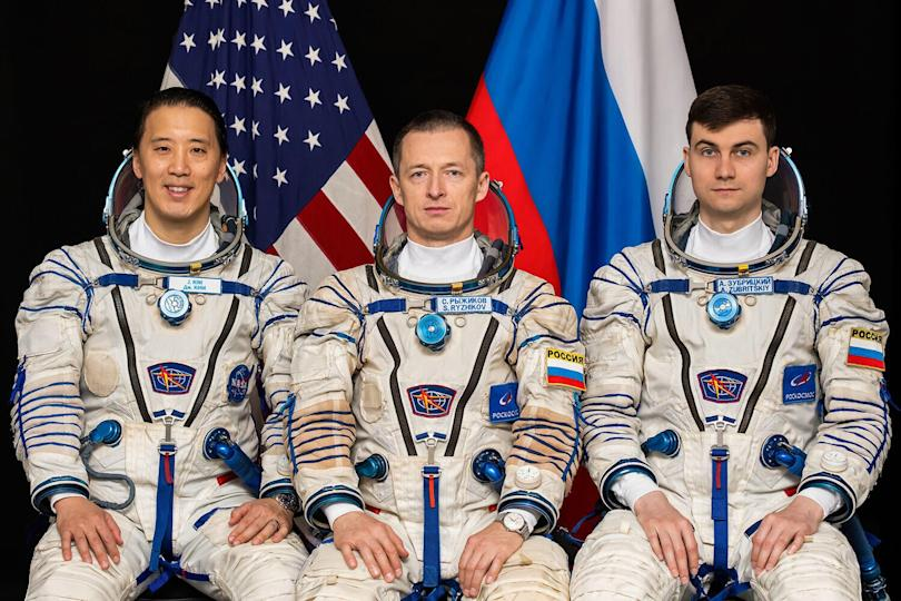 Roscosmos cosmonauts Sergey Ryzhikov, Alexey Zubritskiy and US NASA astronaut Jonathan Yong "Jonny" Kim. Photograph: (AFP)